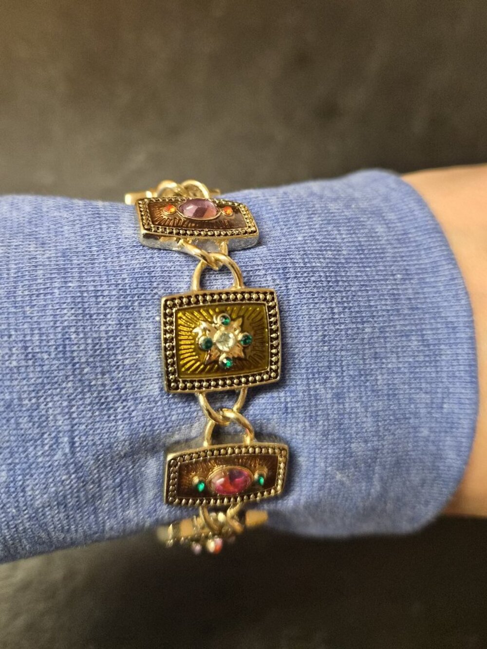 VTG Napier Enamel Crystal Link Bracelet Gold Tone Floral Victorian Cottagecore